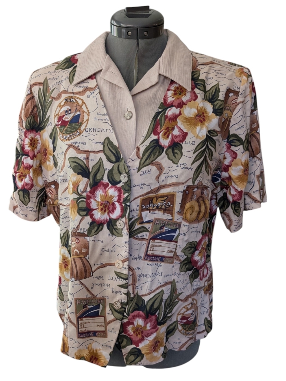 80s 90s Vintage Teddi Double Shirt Floral Travel Print‎ Women's Top Size Medium